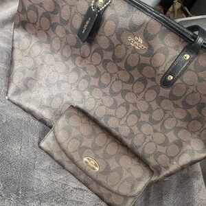 Coach Brown and Black Signature Tote with Wallet
